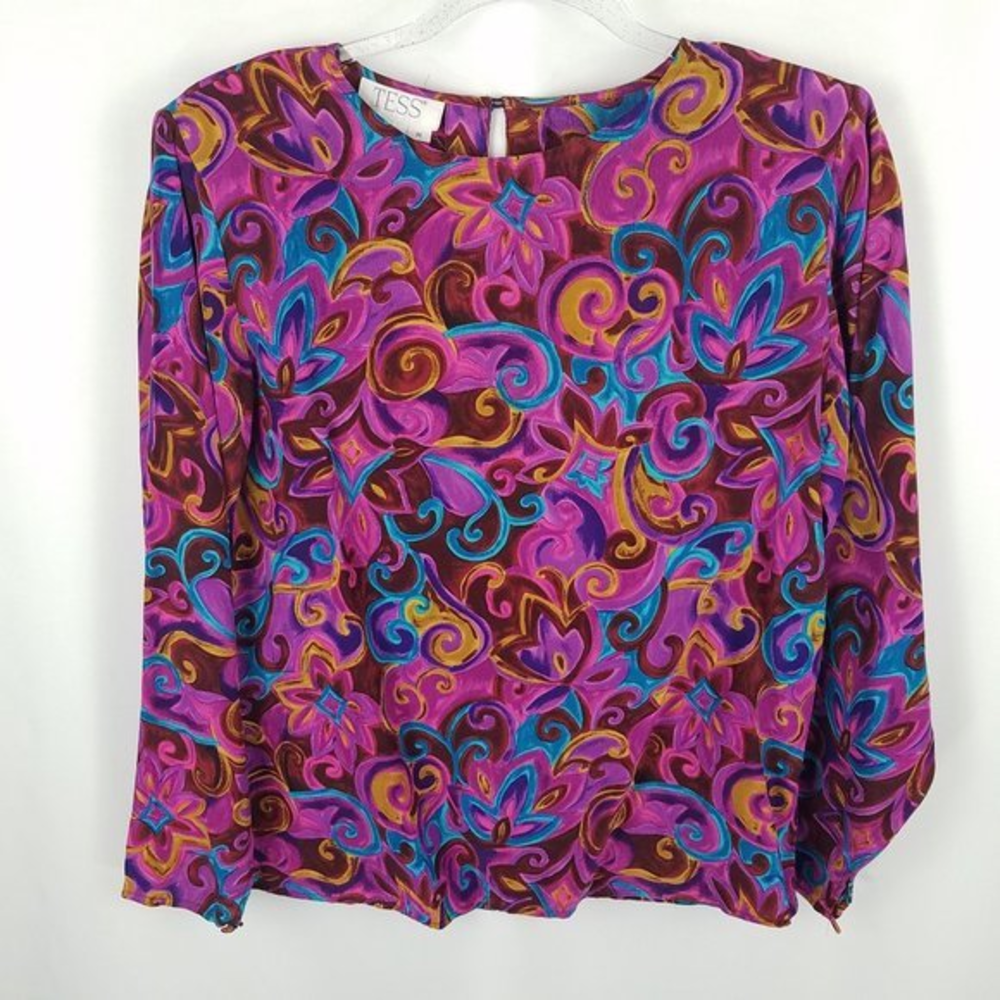 Tess blouse 100% silk VTG abstract‎ floral print M
